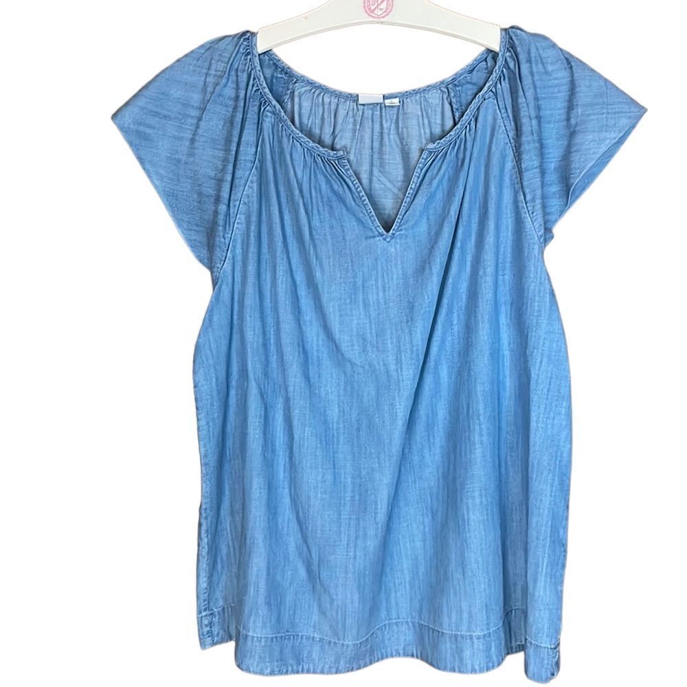 •GAP•CHAMBRAY CAP SLEEVE MEDIUM WASH BLOUSE LYOCELL/COTTON BLEND SIZE LARGE TALL